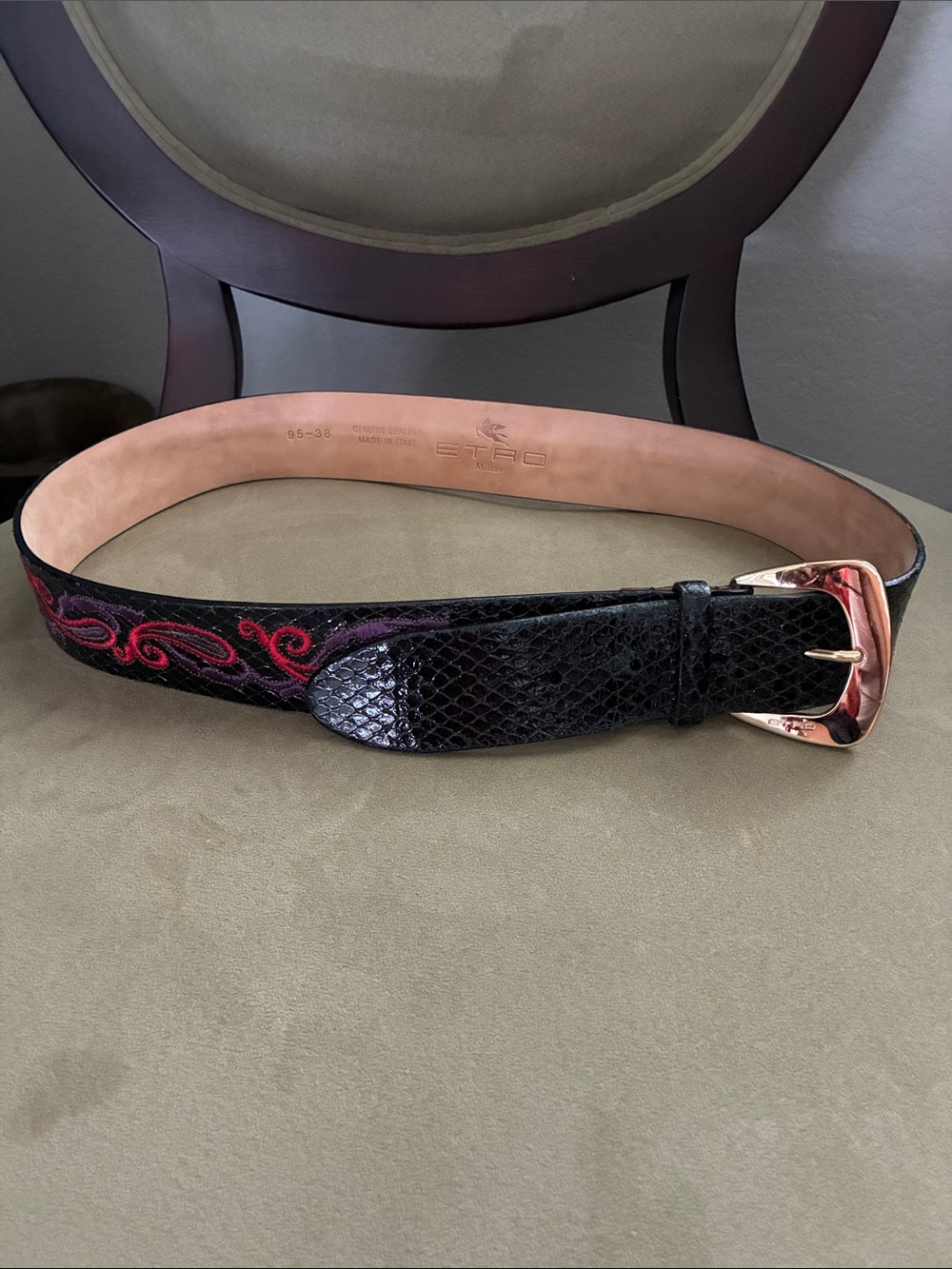 Etro Black Embossed Belt with Red Embroidered Scrolls and Gold Buckle